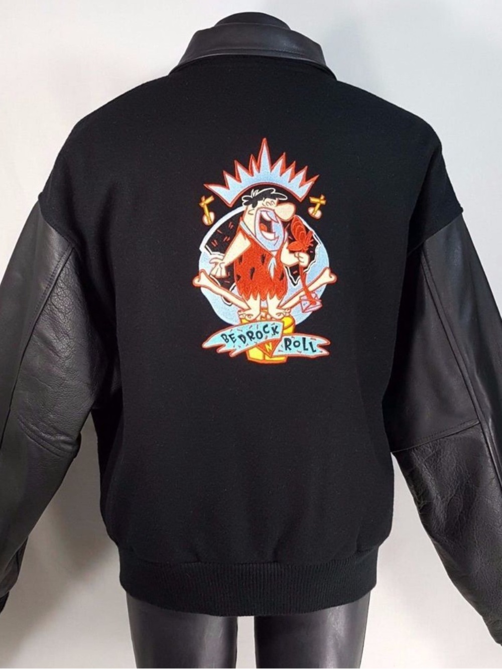 90s Fred Flintstone Wool Leather Bomber Jacket